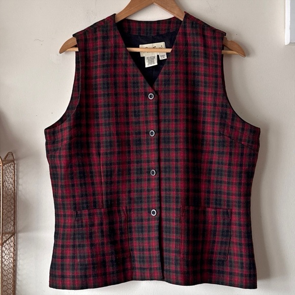 Eddie Bauer 90s Vintage Red Black Green Plaid Wool Vest Fully Lined Size Large - Picture 2 of 12